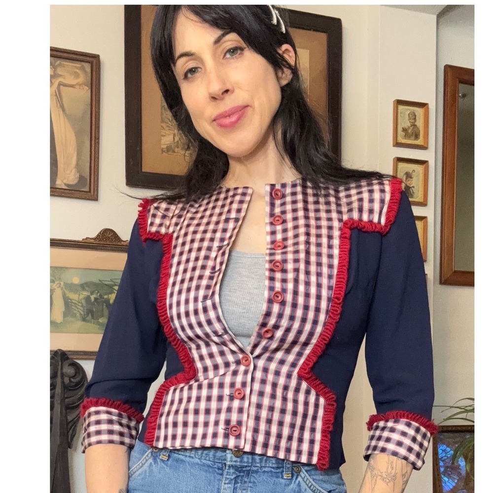 Vintage 60s Gingham Fringe Cropped Top Navy Blue Red Plaid Western XS Youth